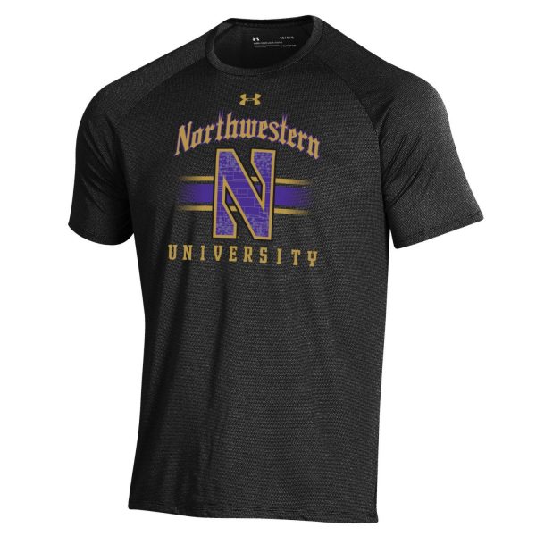 Northwestern University Wildcats Men’s Under Armour Black Tech Novelty Short Sleeve Tee with Stylized N Gothic Bar Design
