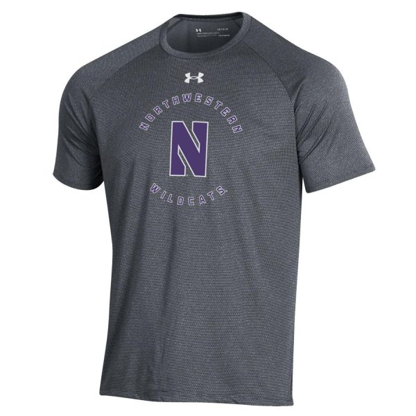 Northwestern University Wildcats Men’s Under Armour Pitch Grey Tech Novelty Short Sleeve Tee with Stylized N Circle Design