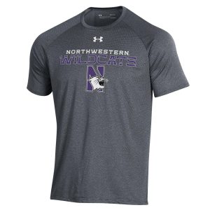Northwestern University Wildcats Men’s Under Armour Pitch Grey Tech Novelty Short Sleeve Tee with N-Cat Design