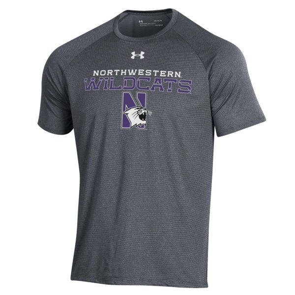 Northwestern University Wildcats Men’s Under Armour Pitch Grey Tech Novelty Short Sleeve Tee with N-Cat Design