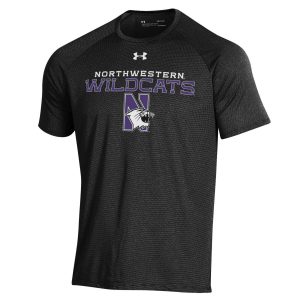 Northwestern University Wildcats Men’s Under Armour Black Tech Novelty Short Sleeve Tee with N-Cat Design