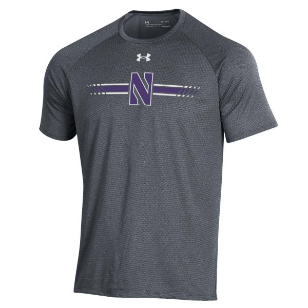 Northwestern University Wildcats Men’s Under Armour Pitch Grey Tech Novelty Short Sleeve Tee with Stylized N Bar Design