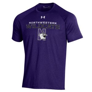 Northwestern University Wildcats Men’s Under Armour Purple Tech Novelty Short Sleeve Tee with N-Cat Design