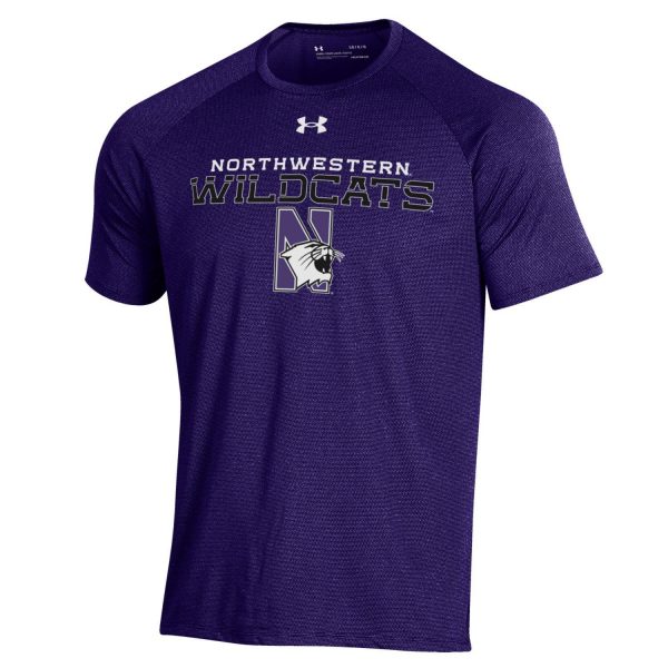 Northwestern University Wildcats Men’s Under Armour Purple Tech Novelty Short Sleeve Tee with N-Cat Design
