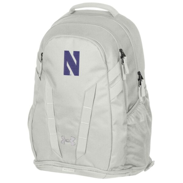 Northwestern University Wildcats Under Armour White Hustle 5.0 Backpack with Stylized N in Solid Purple