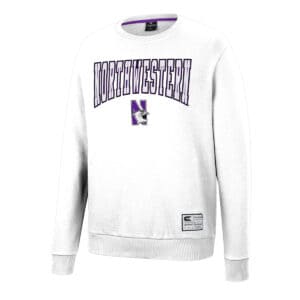 Northwestern University Wildcats Colosseum Men's White Scholarship Crewneck Fleece With School Name and N-Cat Design