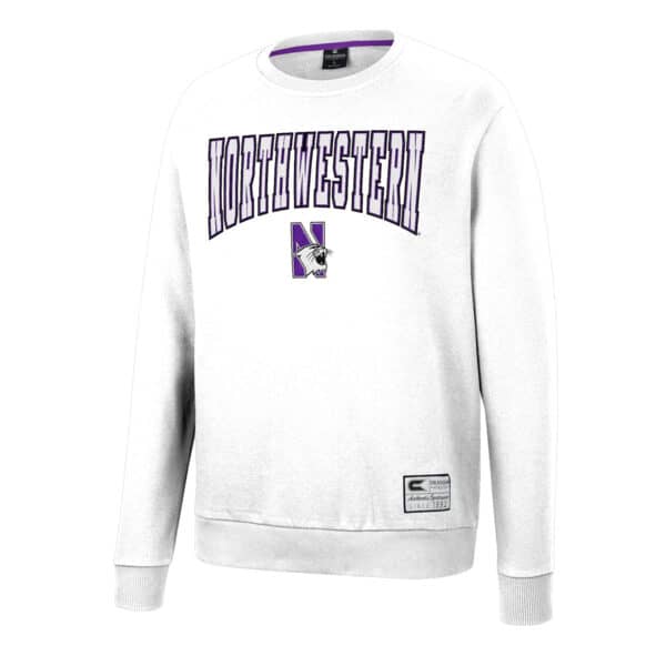 Northwestern University Wildcats Colosseum Men's White Scholarship Crewneck Fleece With School Name and N-Cat Design