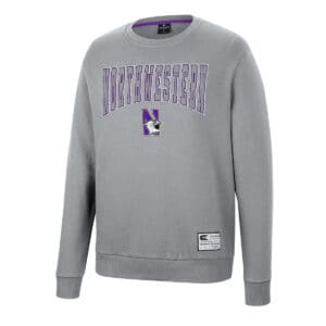 Northwestern University Wildcats Colosseum Men's Gray Scholarship Crewneck Fleece With School Name and N-Cat Design