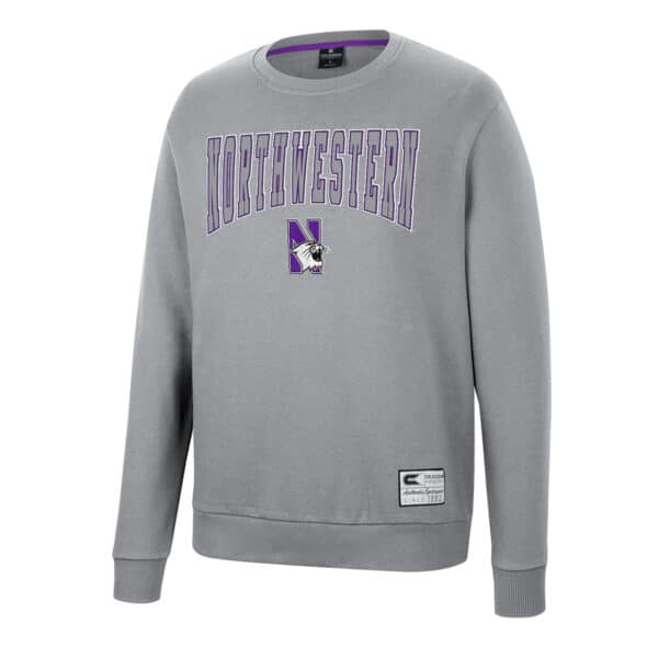 Northwestern University Wildcats Colosseum Men's Gray Scholarship Crewneck Fleece With School Name and N-Cat Design