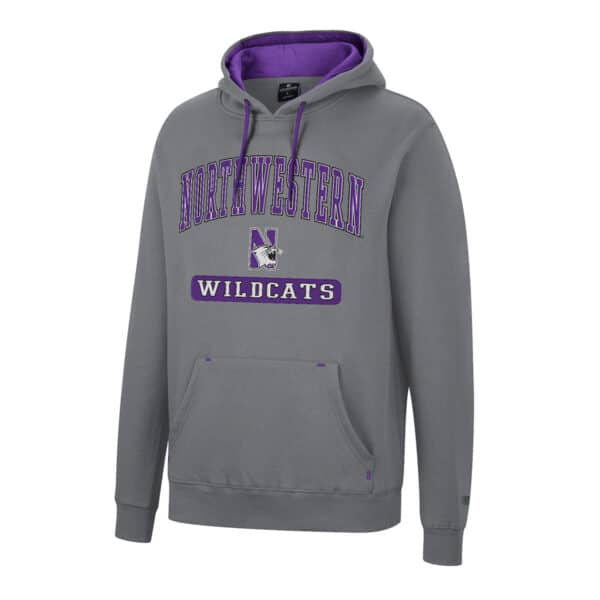Northwestern University Wildcats Colosseum Men's Heather Grey Scholarship Hoodie With Northwestern, N-Cat and Wildcats Design