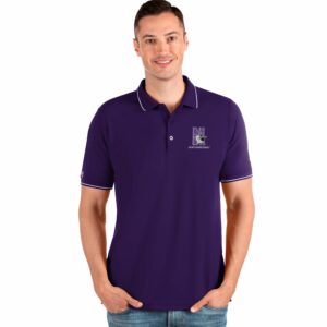 Northwestern University Wildcats Men's Antigua Affluent Polo Shirt in Purple with N-Cat Design