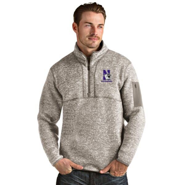 Northwestern University Wildcats Men's Antigua Fortune 1/4 Zip in Oatmeal Heather & N-Cat Design