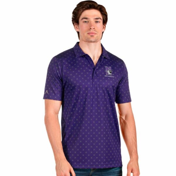 Northwestern University Wildcats Men's Antigua Spark Polo Shirt in Purple Multi with N-Cat Design