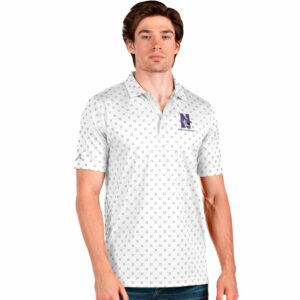 Northwestern University Wildcats Men's Antigua Spark Polo Shirt in White Multi with N-Cat Design