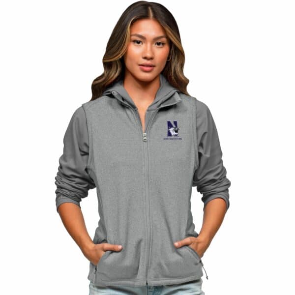 Northwestern Wildcats Women's Antigua Course Vest in Light Grey Heather Multi with N-Cat Design