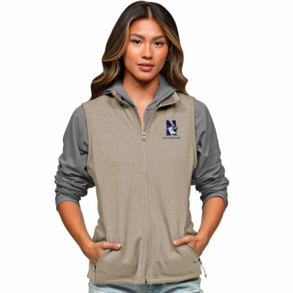 Northwestern Wildcats Women's Antigua Course Vest in Oatmeal Heather Multi with N-Cat Design