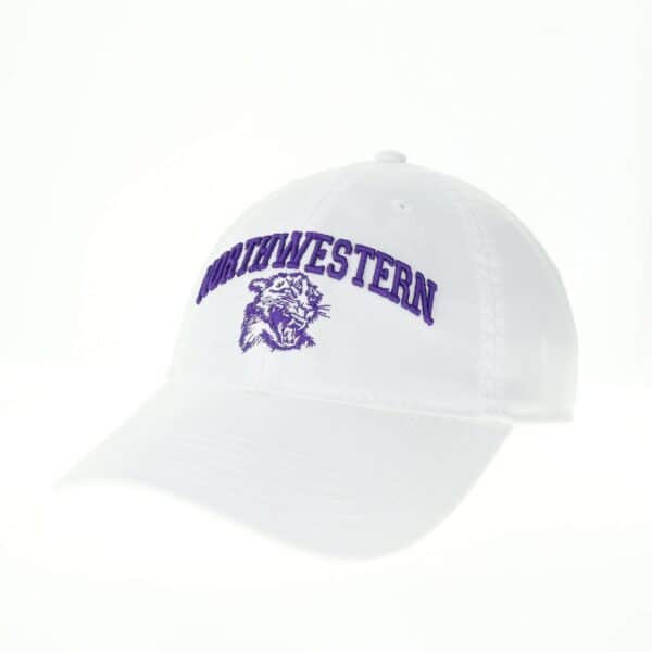 Northwestern University Wildcats Legacy Unconstructed Adjustable White Hat with Arched Northwestern Over Vintage Cat's Head Design
