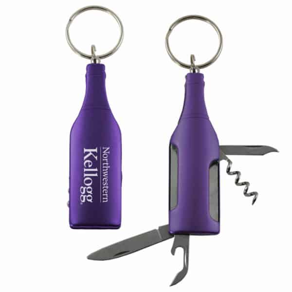 Northwestern University Wildcats Laser Engraved Purple Bottle Shaped Multi-Tool Wine Opener Key Chain with Kellogg Design
