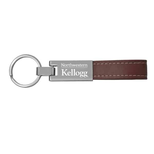 Northwestern University Wildcats Laser Engraved Silver Metal & Tan Leather Key Chain with Kellogg Design