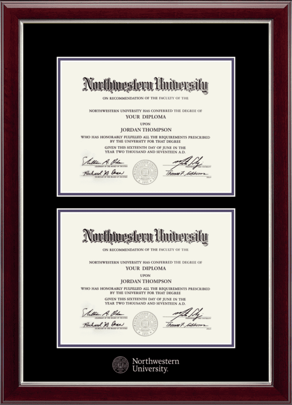 Northwestern University Wildcats Double Diploma Frame in Gallery Silver with black and purple mats