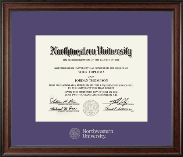 Northwestern University Wildcats Silver Embossed Diploma Frame in Studio with a purple mat