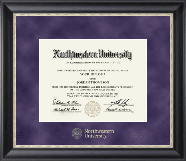 Northwestern University Wildcats Gold Embossed Diploma Frame in Noir with a purple suede mat