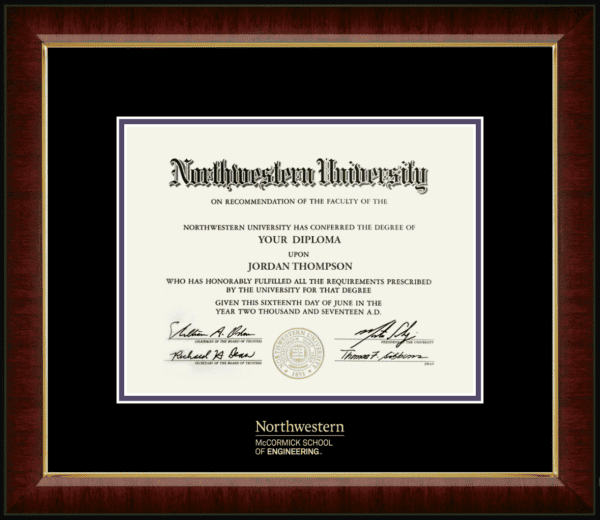 Northwestern University Wildcats Gold Embossed McCormick School of Engineering Diploma Frame in Murano with black and purple mats