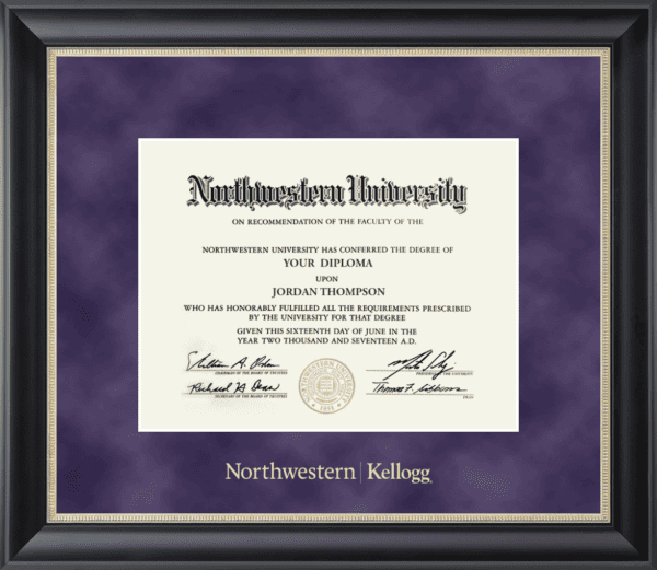 Northwestern University Wildcats Gold Embossed Northwestern Kellogg Diploma Frame in Noir with a purple suede mat