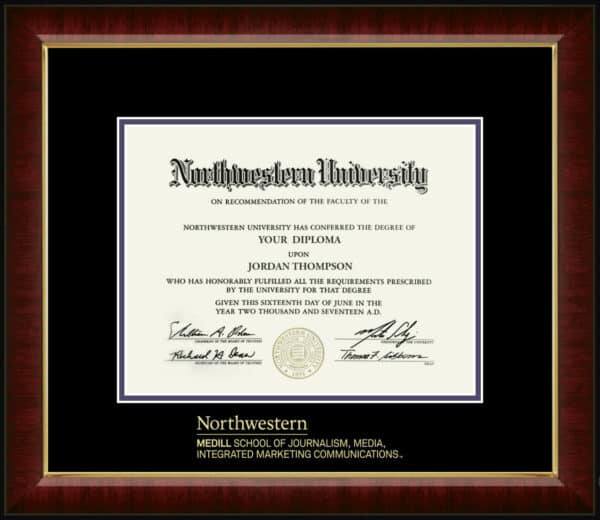 Northwestern University Wildcats Gold Embossed Medill School of Journalism Design Diploma Frame in Murano with black and purple mats