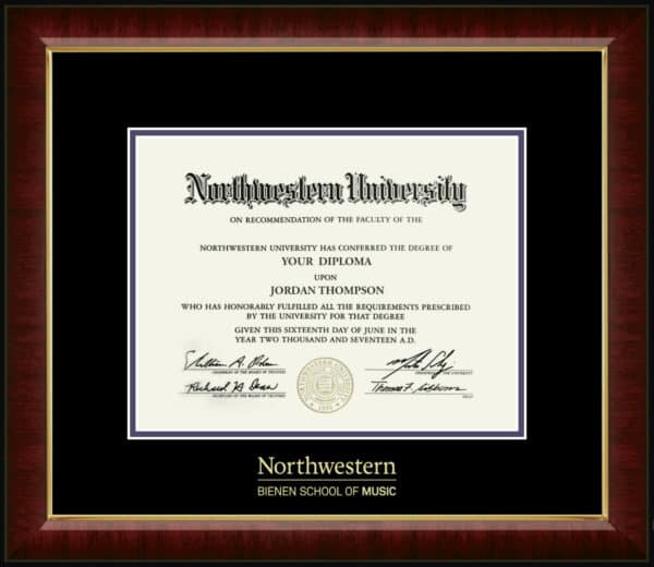 Northwestern University Wildcats Gold Embossed Bienen School of Music Diploma Frame in Murano with black and purple mats
