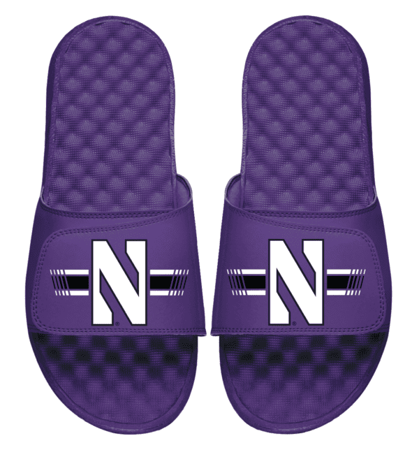Northwestern University Wildcats Purple ISlide Flip Flops with Stylized N and the Stripes Design