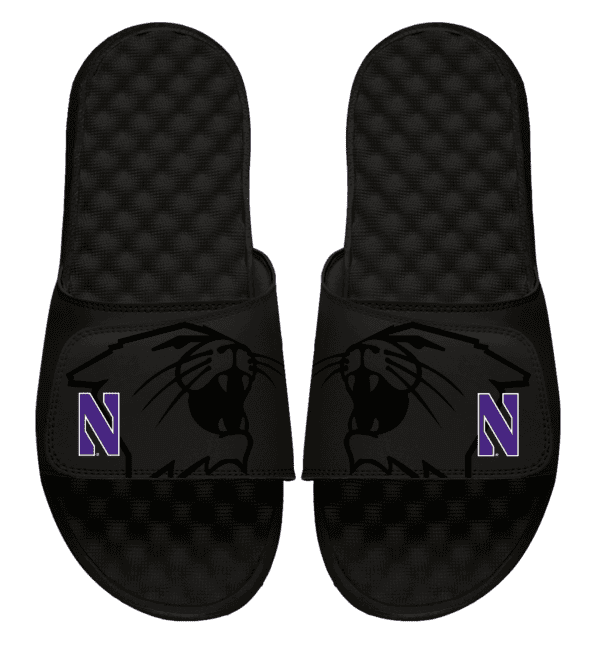 Northwestern University Wildcats Black ISlide Flip Flops with Cat's Head Design