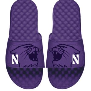 Northwestern University Wildcats Purple ISlide Flip Flops with Cat's Head Design