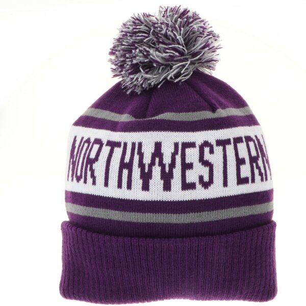 Northwestern University Wildcats Adult Purple Cuffed Stripped Northwestern Knit Cap with Pom