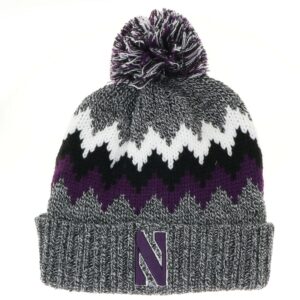 Northwestern University Wildcats Adult Grey Marled Zig Zag Cuffed Northwestern Knit Cap with Pom