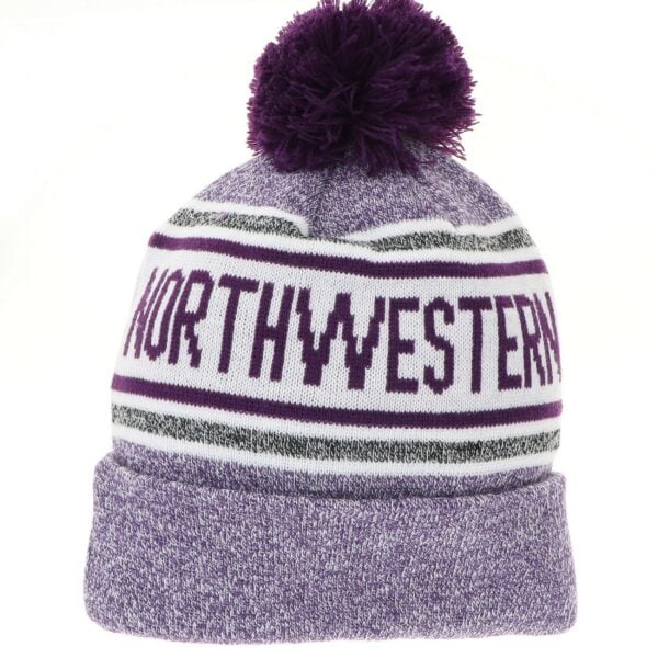 Northwestern University Wildcats Adult Purple Marled Cuffed Stripped Northwestern Knit Cap with Pom