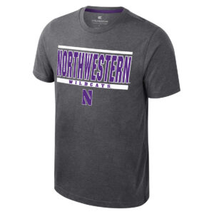 Northwestern University Wildcats Colosseum Men's Ben Dual Blend Heather Black S/S Tee With Straight Northwestern Design