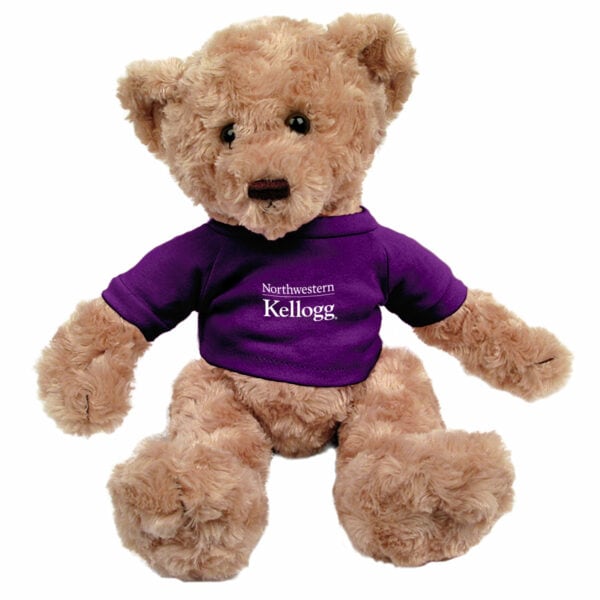 Northwestern I Kellogg Dexter Tan Bear Wearing Purple "Northwestern I Kellogg" Tee Shirt