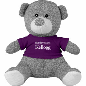 Northwestern I Kellogg Knitted Grey Teddy Bear Wearing Purple "Northwestern I Kellogg" Tee Shirt