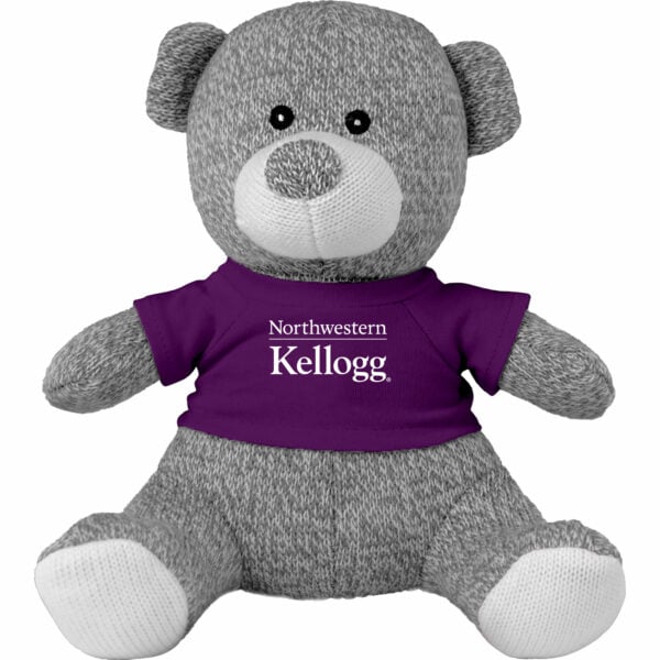 Northwestern I Kellogg Knitted Grey Teddy Bear Wearing Purple "Northwestern I Kellogg" Tee Shirt