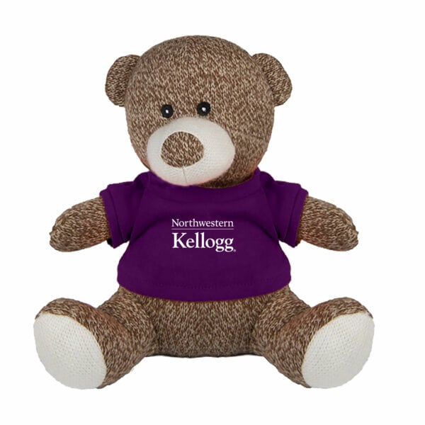 Northwestern I Kellogg Knitted Brown Teddy Bear Wearing Purple "Northwestern I Kellogg" Tee Shirt