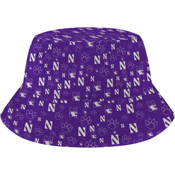Northwestern University Wildcats Relaxed Purple Floppy/Bucket Hat with All Over Mixed Logos Print Design-3