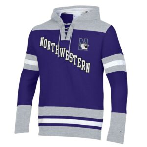 Northwestern University Wildcats Champion Men's Purple/Heather Pullover Hockey Hooded Sweatshirt with Diagonal & N-Cat Design