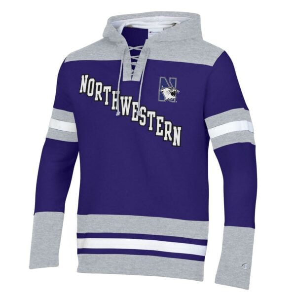 Northwestern University Wildcats Champion Men's Purple/Heather Pullover Hockey Hooded Sweatshirt with Diagonal & N-Cat Design