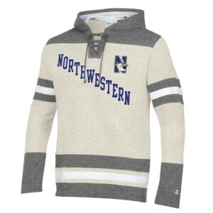 Northwestern University Wildcats Champion Men's Oatmeal/Heather Pullover Hockey Hooded Sweatshirt with Diagonal & N-Cat Design