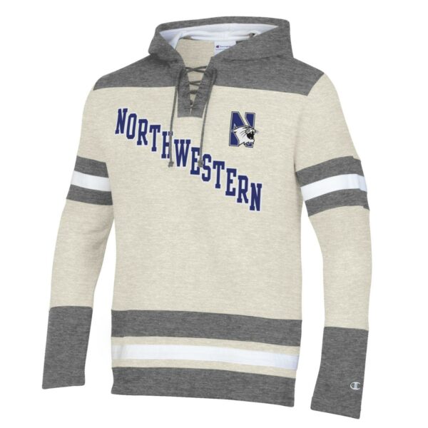 Northwestern University Wildcats Champion Men's Oatmeal/Heather Pullover Hockey Hooded Sweatshirt with Diagonal & N-Cat Design