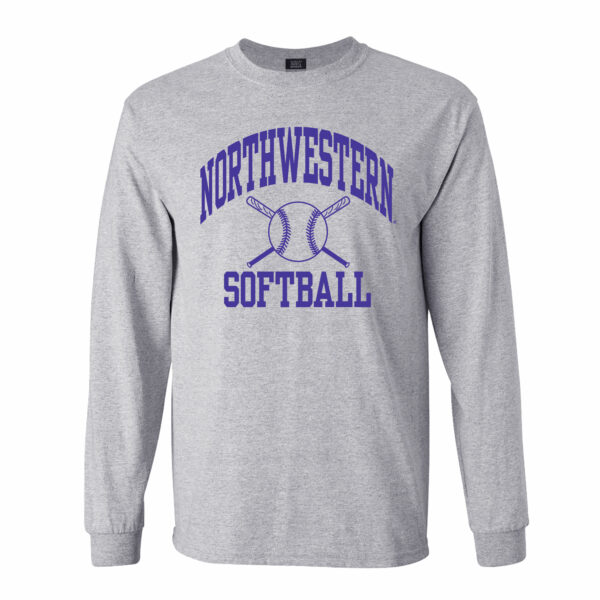 Northwestern University Wildcats Sport Grey Long Sleeve Tee Shirt with Softball Design