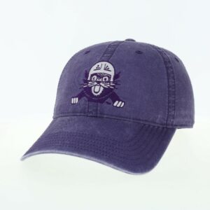 Northwestern University Wildcats Super Light Weight Legacy Unconstructed Adjustable Vintage Washed Purple Terra Twill Hat with Vintage Cat with Helmet Design