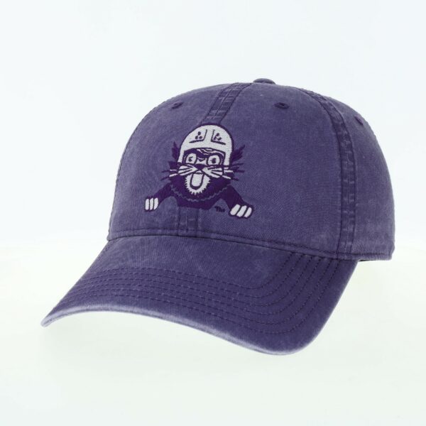 Northwestern University Wildcats Super Light Weight Legacy Unconstructed Adjustable Vintage Washed Purple Terra Twill Hat with Vintage Cat with Helmet Design