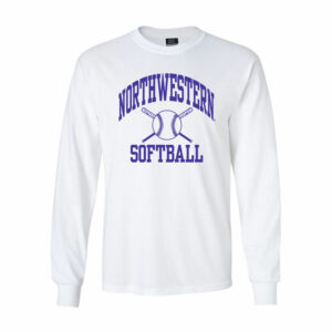 Northwestern University Wildcats White Long Sleeve Tee Shirt with Softball Design